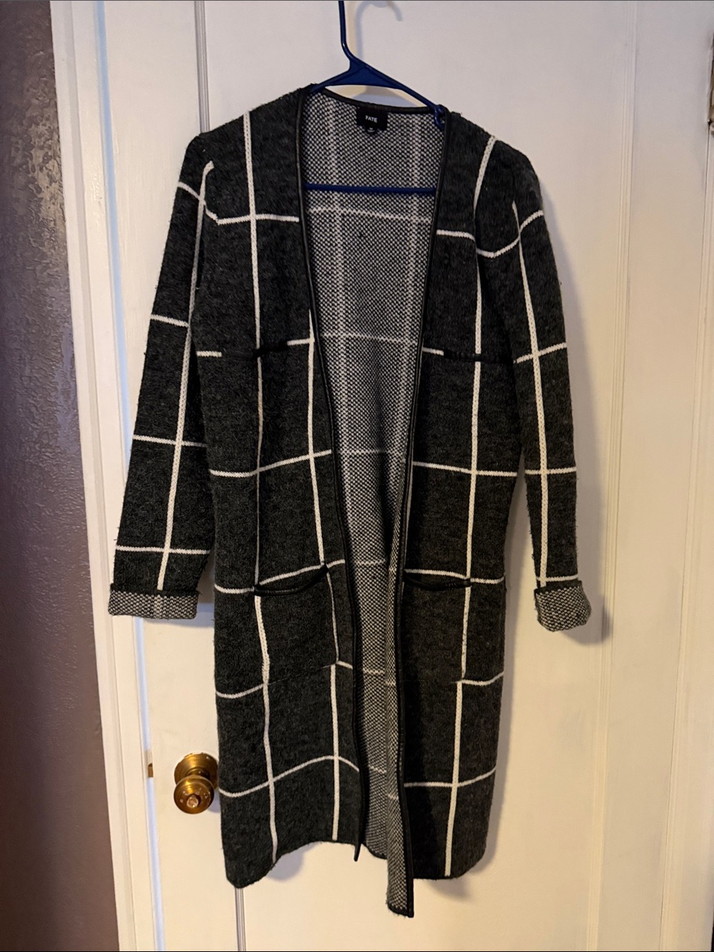 Fate Charcoal Cardigan with White Windowpane Grid